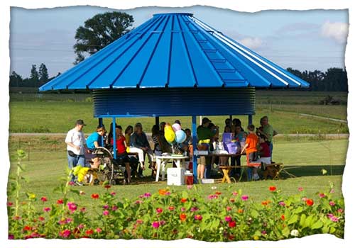 Our unique pavilions are a great gathering place for church picnics, scout events, and more!
